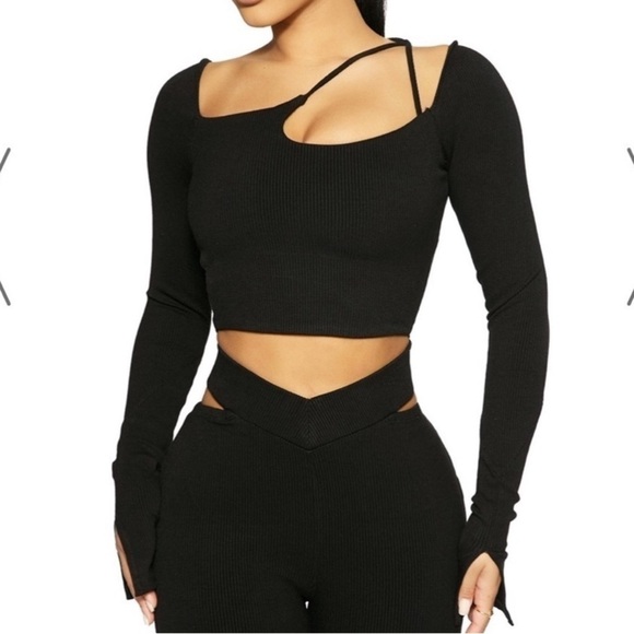 NEW Naked Wardrobe Black Long Slitted Sleeve Snatched Cross Strap Crop Top - Picture 7 of 7